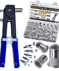 Aluminum Pressure Rivet Nut Tool Kit With 430 Piece Metric Rivet Nuts Set M3 M4 M5 M6 M8 For Furniture Automotive Marine And Industrial Projects DIY Ready Heavy Duty Installations And Quick Attach, showing tools and nuts.