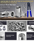 Aluminum Pressure Rivet Nut Tool Kit With 430 Piece Metric Rivet Nuts Set M3 M4 M5 M6 M8 displayed with manual installer and nuts