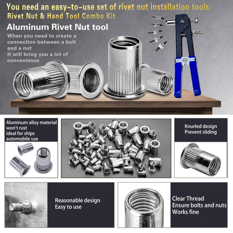 Aluminum Pressure Rivet Nut Tool Kit With 430 Piece Metric Rivet Nuts Set M3 M4 M5 M6 M8 displayed with manual installer and nuts