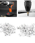 100 Pcs Aluminum Rivet Nuts M3 Flat Head Pull Rivet Nut Assortment Kit Pro Grade In Plastic Box For Metal Panels, Automotive, Aviation, And Rail Applications For DIY Projects, Marine, Industrial, And Workshop Use displayed with drill and close-up installation view.