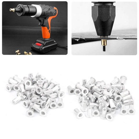 100 Pcs Aluminum Rivet Nuts M3 Flat Head Pull Rivet Nut Assortment Kit Pro Grade In Plastic Box For Metal Panels, Automotive, Aviation, And Rail Applications For DIY Projects, Marine, Industrial, And Workshop Use displayed with drill and close-up installation view.