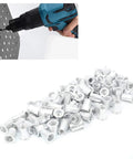 Aluminum Pull Rivet Nuts 100 Pcs Pack M10 Flat Head Vertical Rivnut Inserts used with drill for metal plates fastening.