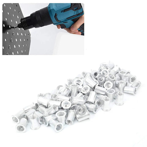 Aluminum Pull Rivet Nuts 100 Pcs Pack M10 Flat Head Vertical Rivnut Inserts used with drill for metal plates fastening.