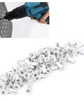 100 Pcs Aluminum Rivet Nuts M3 Flat Head Pull Rivet Nut Assortment Kit Pro Grade In Plastic Box For Metal Panels, Automotive, Aviation, And Rail Applications For DIY Projects, Marine, Industrial, And Workshop Use. Close-up of rivet nuts with drill in use.