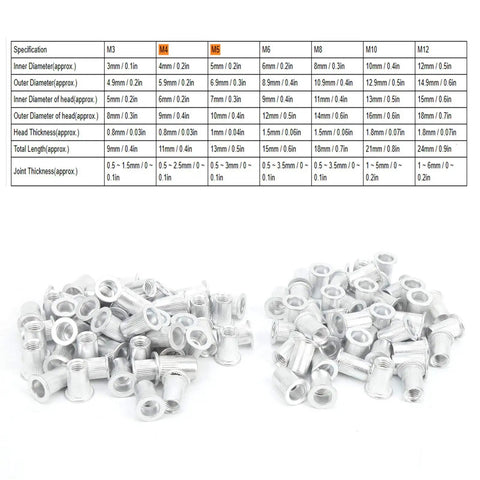 100 Piece Aluminum Pull Rivet Nuts Set Flat Head M6 For Metal Plates And Pipe Fastening With Organized Plastic Box layout