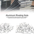 Aluminum Pull Riveting Nuts Set with Flat Head for Vertical Install, 100 Pcs Multi Size M3 M4 M5 M6 M8 M10 in piles on metal plates