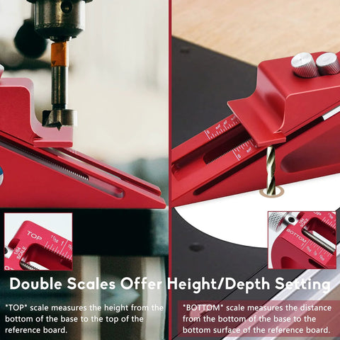 Setup Block Height Gauge for Precise Woodworking, Go-To Quick-Adjust Aluminum Tool for Router, displaying dual scales.