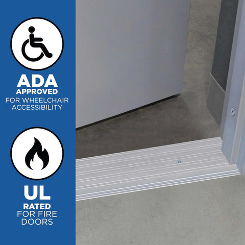 Sturdy Aluminum Fluted Saddle Threshold, Mill Finish installed in doorway; ADA compliant and fire-rated; size 1/4 x 4 x 36 inches.