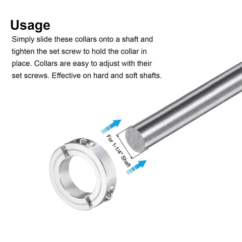 2pcs Double Split Clamp-On Shaft Collar for 1-1/4" Shaft, aluminum, shown with shaft, set screw visible, side view