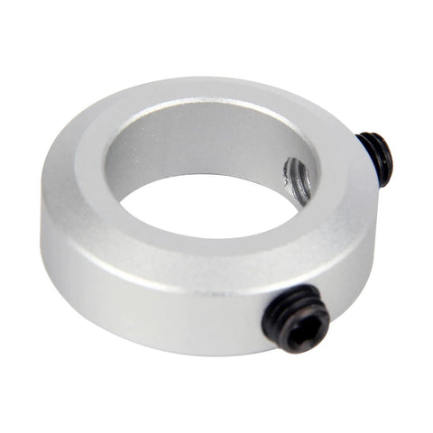 Close-up of 4 Pack 30mm Bore Aluminum Shaft Collars With Screw Style Clamping, 46mm Outer Diameter, 15mm Width for CNC setups.