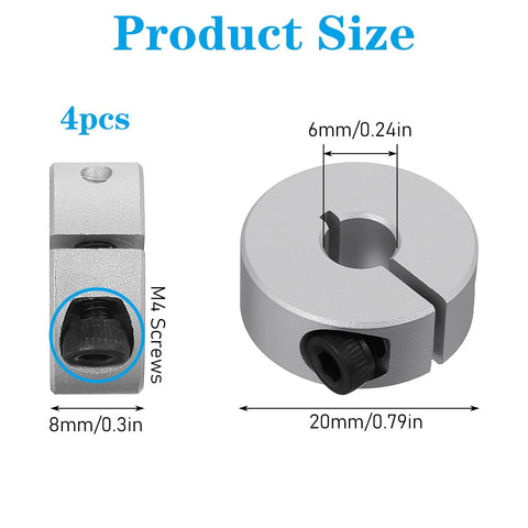Four Pack 6mm Split Shaft Collar Set Aluminum Alloy Clamping Collars For Shafts With M4 Screws, size details shown