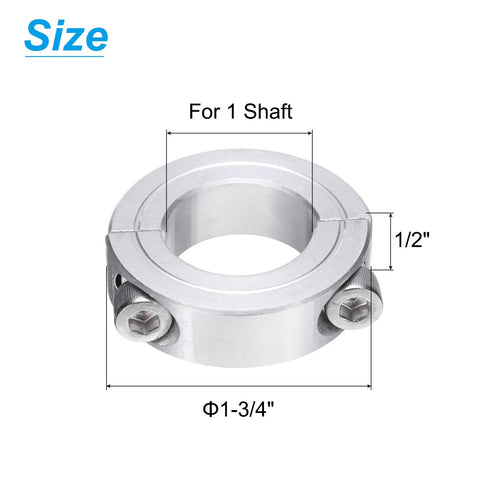 Image of Double Split Shaft Collar Clamp for One Inch Shaft Aluminum Two Piece Clamp Fits 1 Inch Shaft with 1.75 Inch Outer Diameter and 0.5 Inch Thickness, showing specifications.