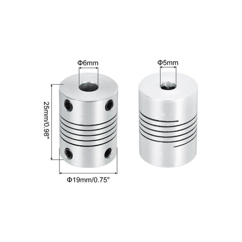 2 Pack 5mm To 6mm Aluminum Shaft Coupler 25mm Long 19mm OD Spring Type Flexible Coupler For Motors Encoders 3D Printers