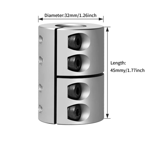Rigid 14mm to 14mm aluminum shaft coupling with clamp-on design, side view, showing dimensions for stepper motors and CNC machines.