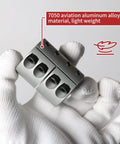 Rigid 14mm to 14mm aluminum shaft coupling with a clamp-on design shown in hand, showcasing 7050 aviation aluminum alloy material.