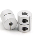 Durable two piece aluminum shaft couplings for 5 to 8 mm shafts, 25 mm long and 20 mm diameter, featuring a screw type clamp.