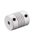 Close-up of Flexible Aluminum Shaft Coupling For Motors 3mm To 5mm Connection, 25mm Length, 19mm Outer Diameter, Zero Backlash One Piece Metallic Spring