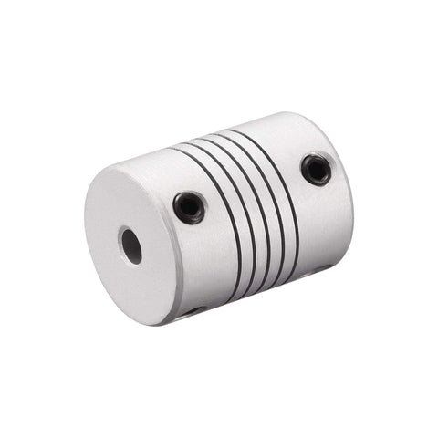 Close-up of Flexible Aluminum Shaft Coupling For Motors 3mm To 5mm Connection, 25mm Length, 19mm Outer Diameter, Zero Backlash One Piece Metallic Spring