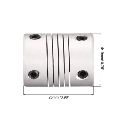 Flexible Aluminum Shaft Coupling For Motors 3mm To 5mm Connection, 25mm Length, 19mm Outer Diameter, Zero Backlash One Piece Metallic Spring Coupler