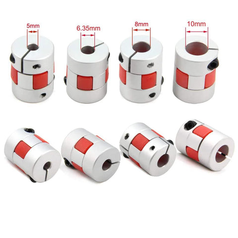 Pair of Yeebyee aluminum 5–8 mm bore flexible shaft couplings with red jaws for servo/stepper motors; front and side views.