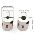 Close-up of Aluminum Plum Flexible Shaft Coupling Set of 2 with 6.35mm to 10mm bore, 25mm diameter, 30mm length; shown with measurements.