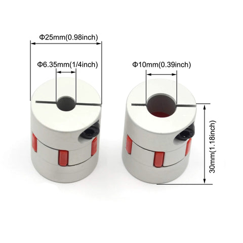 Close-up of Aluminum Plum Flexible Shaft Coupling Set of 2 with 6.35mm to 10mm bore, 25mm diameter, 30mm length; shown with measurements.