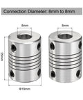 Five Pack Aluminum Shaft Coupling Set 8mm To 8mm For CNC Machines And 3D Printers Flexible Motor Couplers And Stepper Motor Joints Durable Aluminum Alloy With Key Wrench Included DIY Friendly 19mm Outside Diameter 25mm Long L25xD19 featuring two aluminum shaft couplings with 8mm connection diameter, 25mm length, and 19mm outside diameter, ideal for CNC and 3D printers.