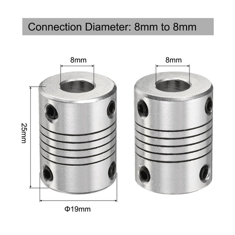 Five Pack Aluminum Shaft Coupling Set 8mm To 8mm For CNC Machines And 3D Printers Flexible Motor Couplers And Stepper Motor Joints Durable Aluminum Alloy With Key Wrench Included DIY Friendly 19mm Outside Diameter 25mm Long L25xD19 featuring two aluminum shaft couplings with 8mm connection diameter, 25mm length, and 19mm outside diameter, ideal for CNC and 3D printers.