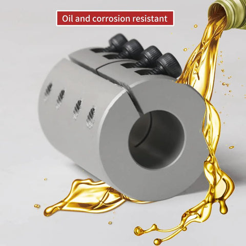 Rigid 14mm to 14mm aluminum shaft coupling with clamp-on design shown with oil resistance feature