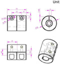 Technical drawing of durable two piece aluminum shaft couplings for 5 to 8 mm shafts, 25 mm long, 20 mm diameter with screw type clamp.