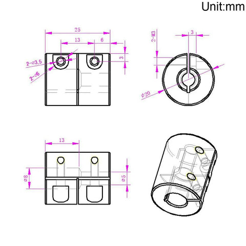 Technical drawing of durable two piece aluminum shaft couplings for 5 to 8 mm shafts, 25 mm long, 20 mm diameter with screw type clamp.