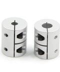 Durable two piece aluminum shaft couplings for 5 to 8 mm shafts, 25 mm long, 20 mm diameter with screw type clamp for precise torque transfer.