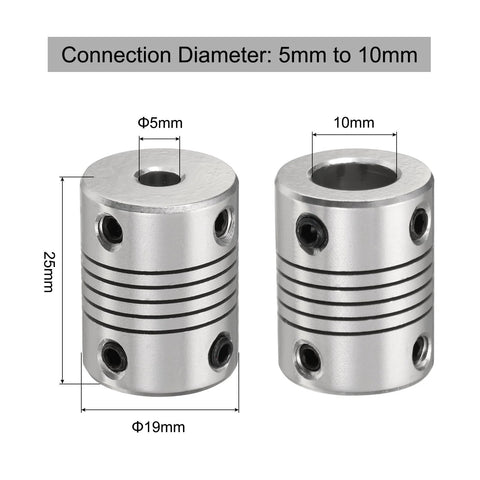 Five Pack Aluminum Shaft Couplings 5mm To 10mm Flexible Motor Couplers For CNC Machines And 3D Printers, 19mm OD, 25mm Length