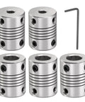 Five Pack Aluminum Shaft Couplings 5mm To 10mm Flexible Motor Couplers For CNC Machines And 3D Printers, 19mm OD x 25mm L with Wrench