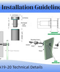 Installation guide showing Pack of 12 aluminum wall spacers and sign standoff screws, technical drawing with dimensions.