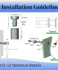 Technical drawing of installation guide for pack of 12 aluminum sign standoff screws, showing dimensions and components.