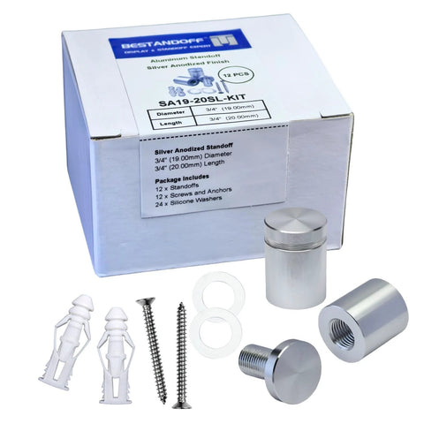 Pack of 12 aluminum wall spacers and sign standoff screws deliver a clean, modern display for acrylic or glass signs; durable set