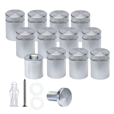 Pack of 12 aluminum wall spacers and sign standoff screws deliver a clean, modern display for acrylic or glass signs; durable.
