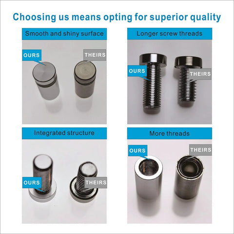Comparison of smooth and shiny surface, longer screw threads, integrated structure, and more threads for sign spacers