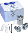 Pack of 12 aluminum sign standoff screws with silver spacers, showing package, screws, anchors, and washers for acrylic frames and glass signs