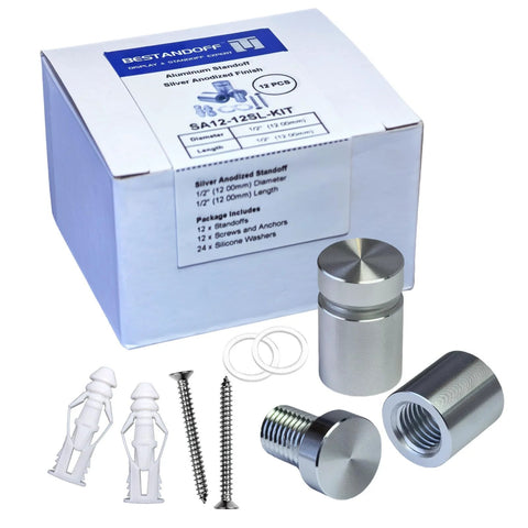 Pack of 12 aluminum sign standoff screws with silver spacers, showing package, screws, anchors, and washers for acrylic frames and glass signs