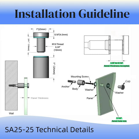 Technical installation guide for Set Of 12 Aluminum Sign Standoff Screws For Wall Mounting in Champagne Finish, 1 Inch by 1 Inch.