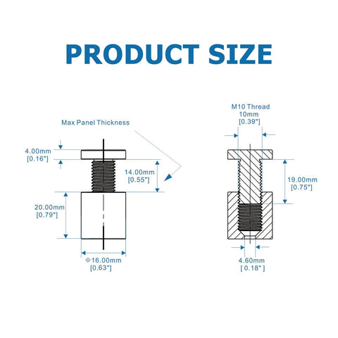 Diagram showing size dimensions of Aluminum Solid Sign Standoff Screws 12 Pack Five Eighths By Three Quarters Inch For Acrylic And Glass Displays