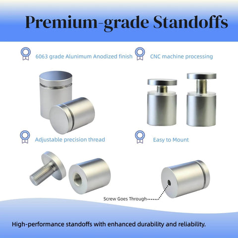 Set Of 12 Aluminum Sign Standoff Screws For Wall Mounting In Champagne Finish 1 Inch By 1 Inch with precision thread detail.