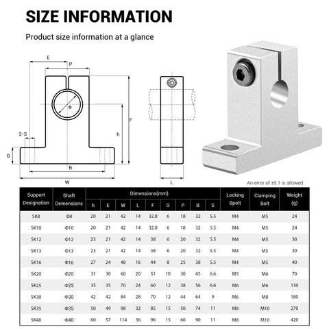 Size information chart for Pro Grade 4 Pack Aluminum 10mm Linear Motion Rod Support Shafts with SK10 Compatible Clamps.