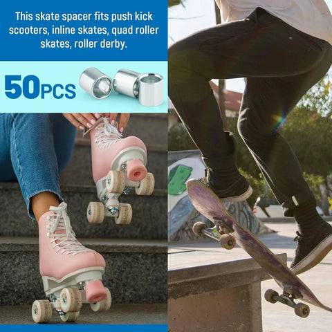 Image showing the 50 Pcs Skate Spacer Set Aluminum Wheel Bearing Spacers and Speed Rings for Skateboards and Longboards being used.