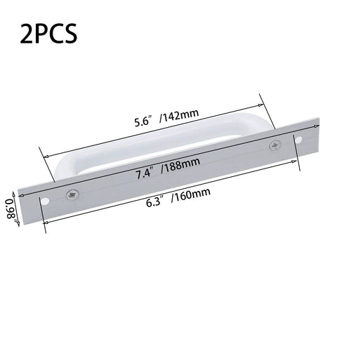 Two Pack Pre Drill Sliding Barn Door Handle Six Point Four Inch Hole Center Aluminum Alloy Door Pull Handle For Glass And Wooden Doors Punch Free Polished White With Tape Or Screw Install Ideal For Closet Doors Durable, dimensions labeled.