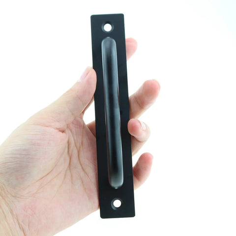 Person holding Two Pack Sliding Door Handle 5.8 Inch Center Hole Aluminum Alloy Pull With Mounting Screws for doors and cabinets.