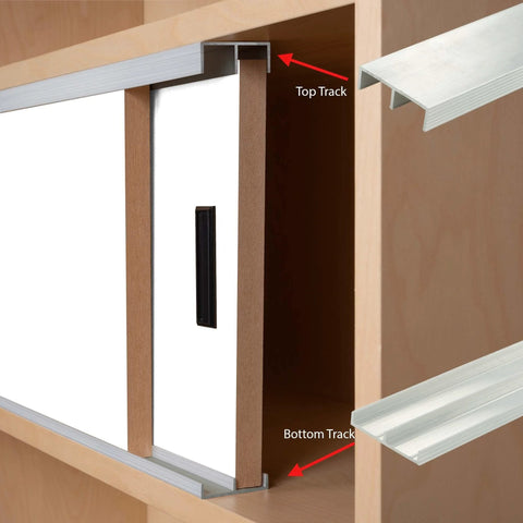 Aluminum Sliding Door Track Kit For Three Quarter Inch Panels, Complete 3 Foot Upper And Lower Track Set, installed on cabinet