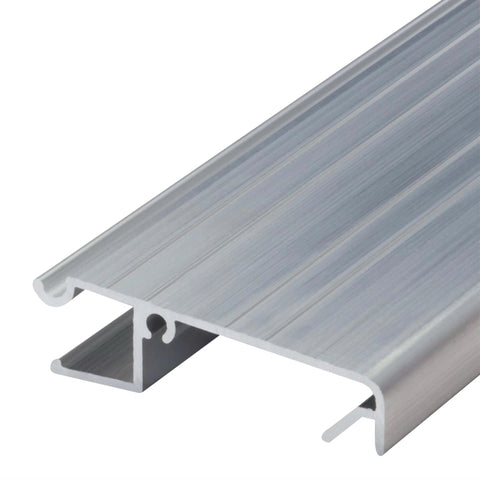 Close-up view of a 36 in. Mill Aluminum Snap-on Sill Threshold Extender, showing its durable aluminum grooves and snap-on design.